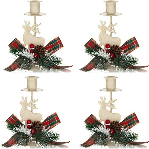 Romadedi Candle Holders Christmas Decor: Rustic Reindeer Candlestick Farmhouse Table Centerpiece Festive Red Berry Ornaments Home Decoration, White Set of 24 | Amazon (US)