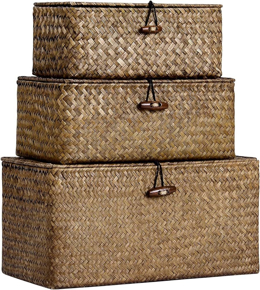 Decorative Storage Basket with Lid Set of 3,Woven Seagrass Storage Bins for Shelves for Organizin... | Amazon (US)