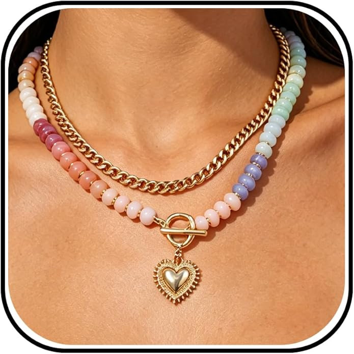 Colorful Dopamine Necklace for Women Layered Beaded Necklace Chunky Heart Pendant Chain Necklaces... | Amazon (US)
