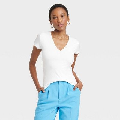 Women's Slim Fit Short Sleeve V-Neck T-Shirt - A New Day™ White S | Target