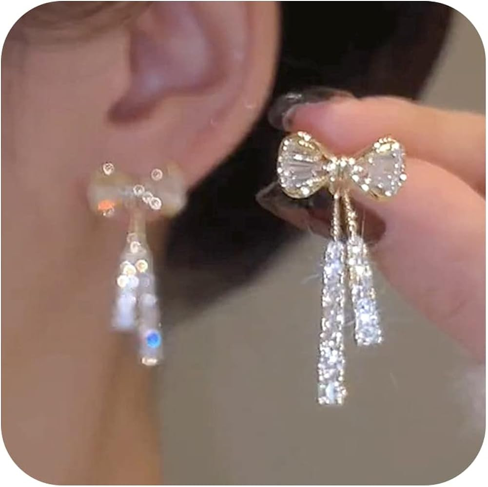 Bow Earrings Pearl Bow Earrings Rhinestone Bow Earrings Gold Ribbon Dangle Earrings Trendy Bow St... | Amazon (US)