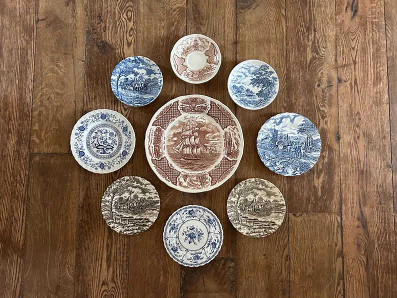 Mismatched Vintage Plate Set, earthy blue and Brown Transferware Wall Decor | Etsy (Global)