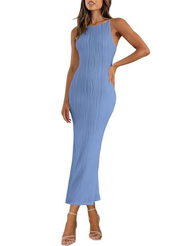 Zattcas Summer Bodycon Midi Dresses for Women 2024 Casual Sleeveless Knit Backless Sundresses Dinner Going Out Formal Cocktail Wedding Guest Dress Blue L | Amazon (US)