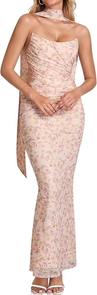 EYNMIN Corset Maxi Wedding Guest Dresses for Women with Scarf Strapless Tube Elegant Bodycon Ruch... | Amazon (US)