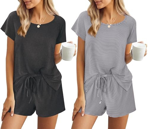 Ekouaer Womens Pj Set 2 Pack Short Sleeve Pajamas Comfy Sleepwear with Elastic Waist Shorts Summer O Neck Loungewear Gray/Gray Stripe,Small | Amazon (US)