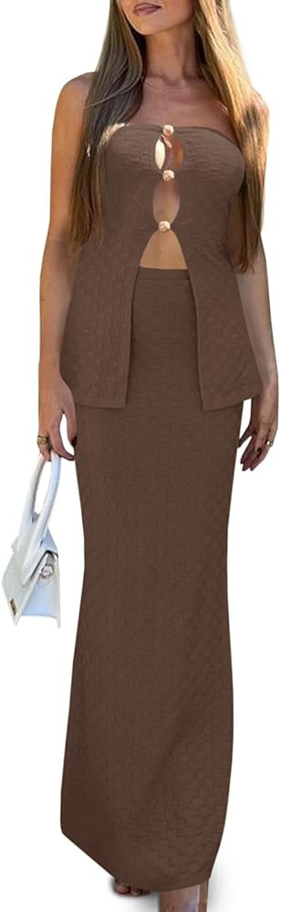 Wenrine Two Piece Sets for Women Summer Bodycon Sexy Outfit Cutout Tube Tops Knit Maxi Skirt Sets... | Amazon (US)