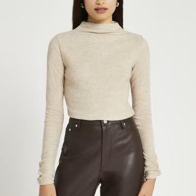 Beige long sleeve high neck ribbed top | River Island (UK & IE)