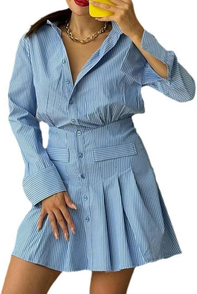 THLAI Women's 2 Piece Casual Stripe Sets Long Sleeve Shirt Pleated Skirt Outfits | Amazon (US)