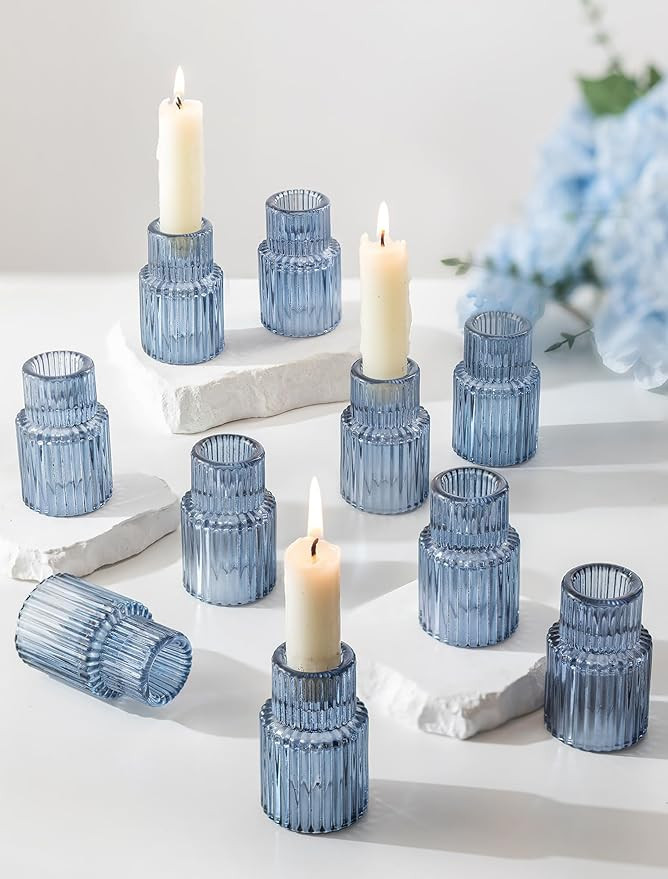 Romadedi Glass Candle Holders for Candlestick - 10 Pcs Blue Tapered Candle Sticks Holder Decor Bu... | Amazon (US)