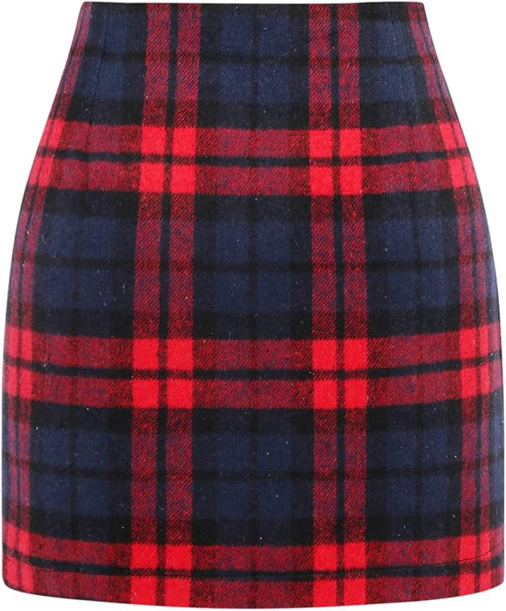IDEALSANXUN Womens High Waist Plaid Skirt Bodycon Pencil Wool Mini Skirts | Amazon (US)