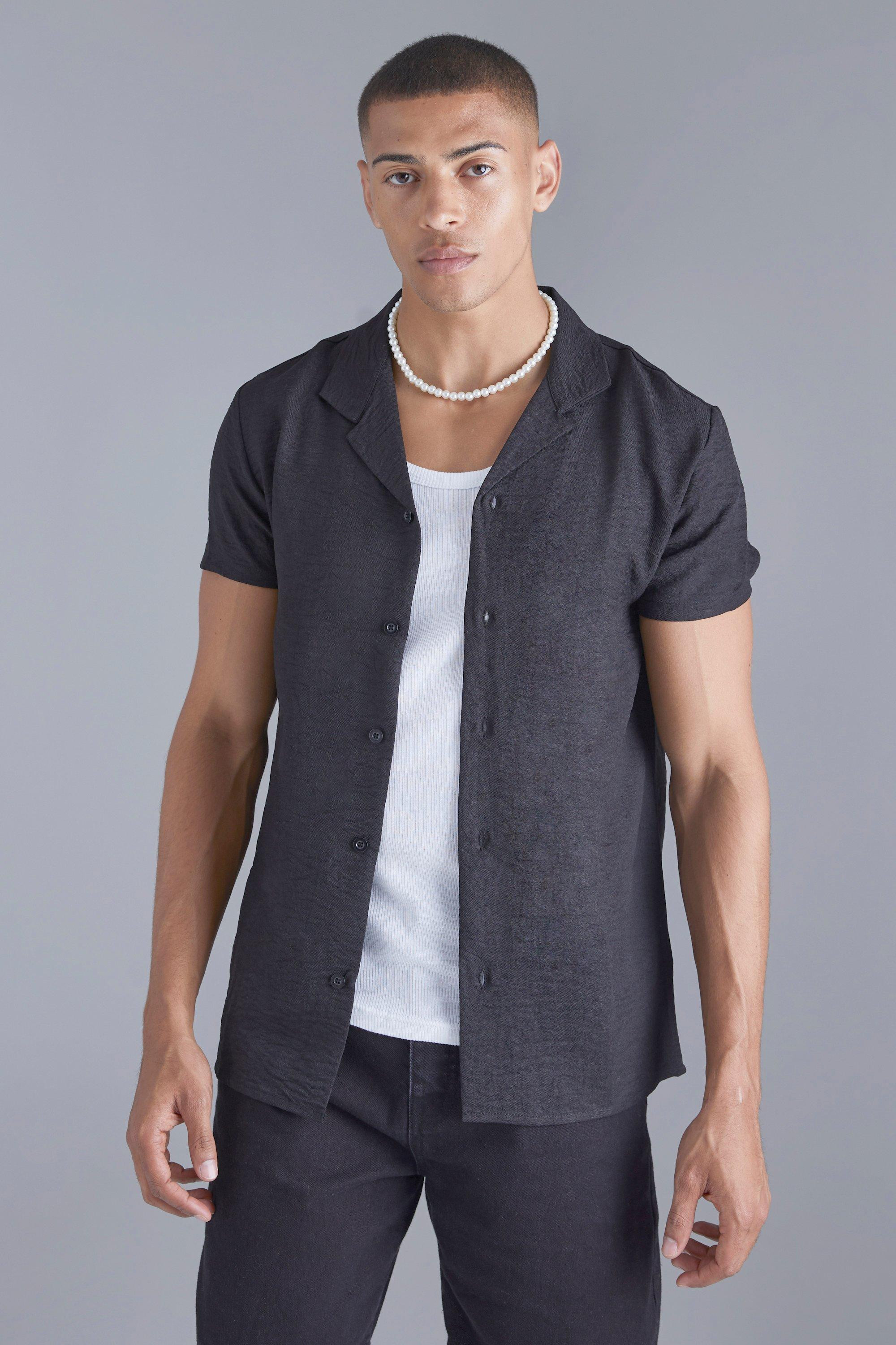 Short Sleeve Linen Revere Shirt | boohooMAN (US & CA)