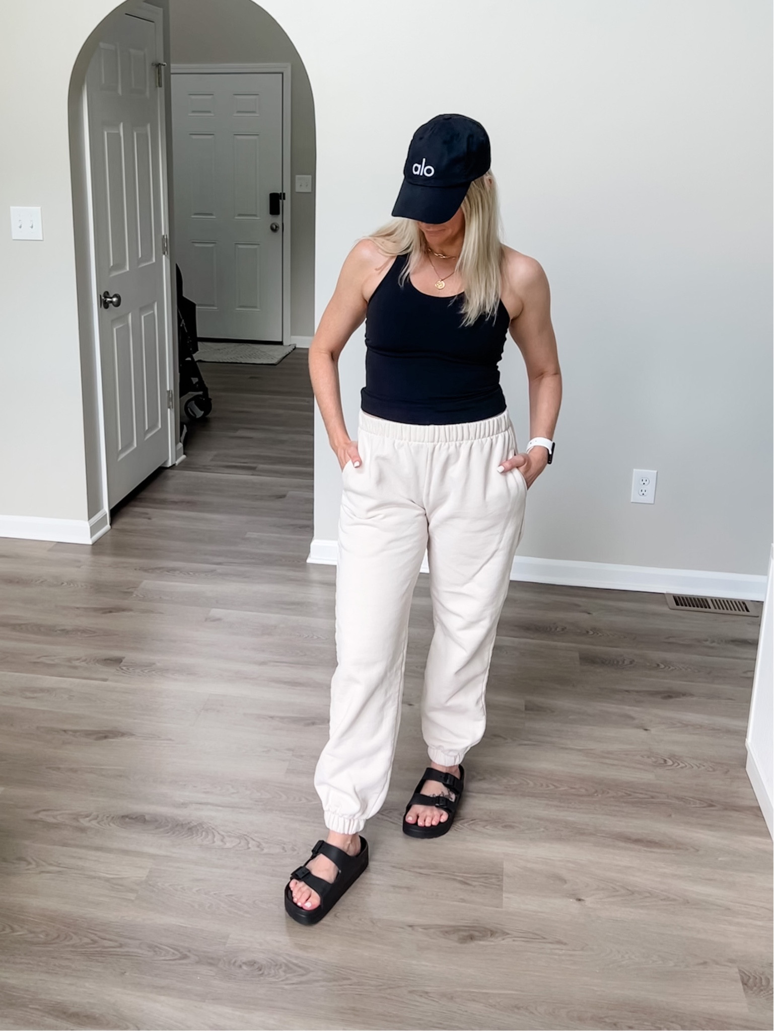Alo off duty hat, lululemon tank, John Galt sweatpants in cream (one size), Amazon platform sandals 🖤

#LTKunder50 #LTKxPrimeDay #LTKshoecrush