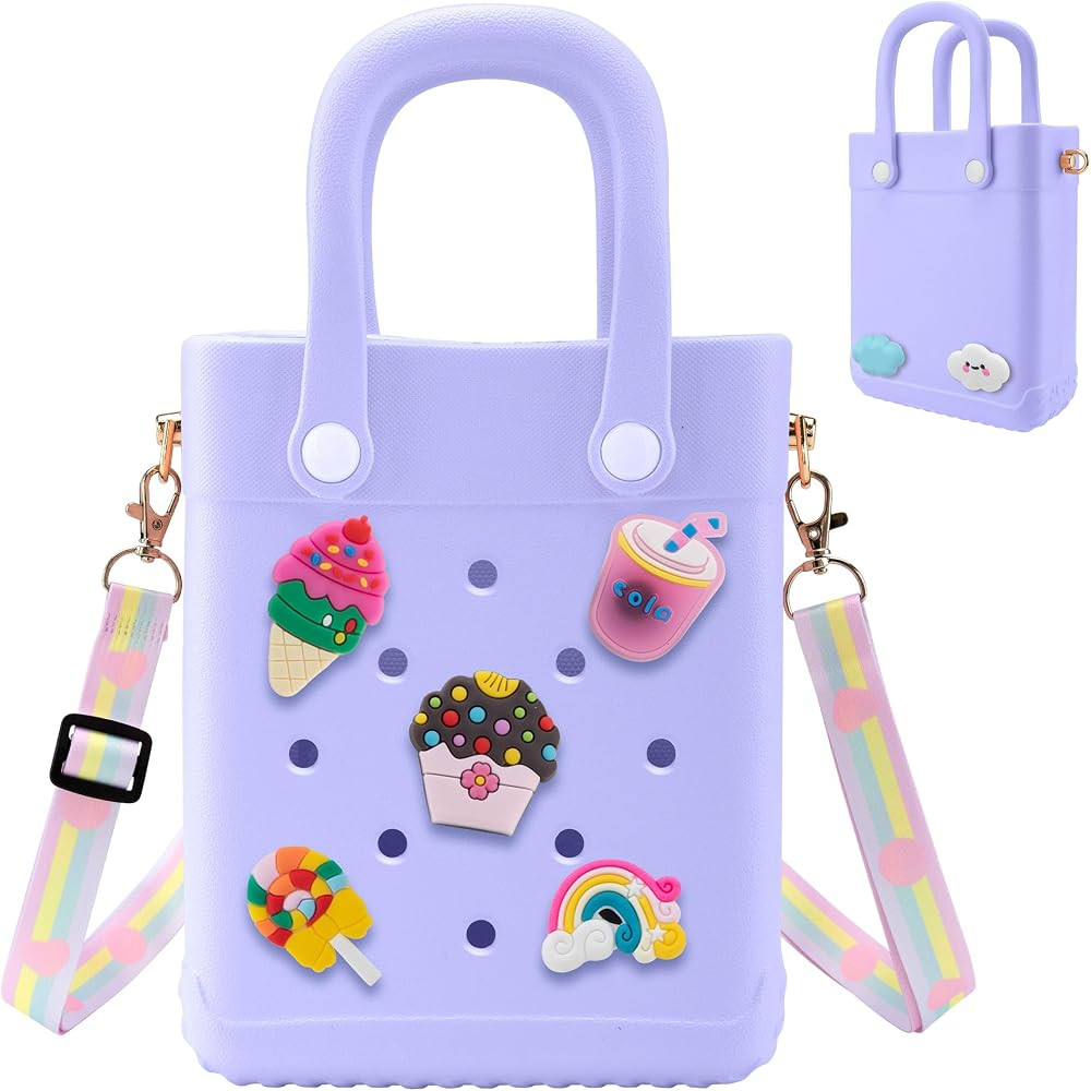Mini Rubber Tote Bag, EVA Beach Tote with 30 Charms, Cute Bag for Little Girl & Women with Adjust... | Amazon (US)