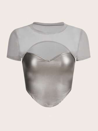 SHEIN ICON Bikercore Metallic Two Tone Cutout Front Bandana Hem 2 In 1 Crop Top | SHEIN