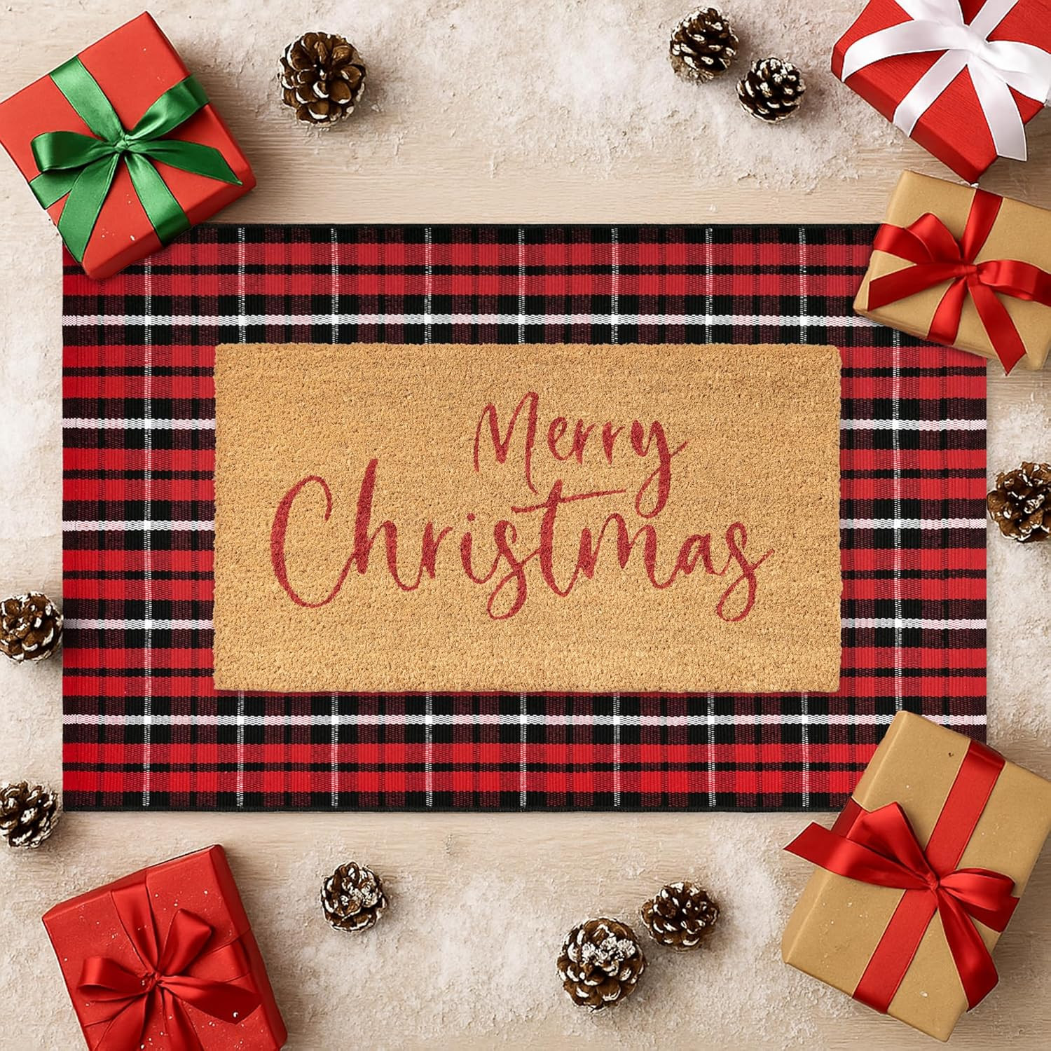 Christmas Door Mat Set, 2-Piece Layered Front Porch Welcome Mat Combo with Red Black White Check ... | Amazon (US)