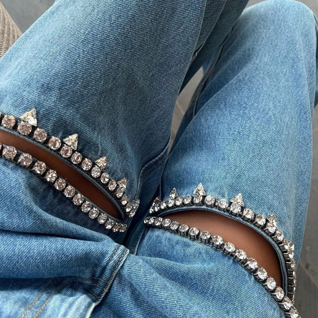 PRE ORDER!! The Nikki Denim Rhinestone Slit Jean! - Will Ship 4/11 | Glitzy Bella