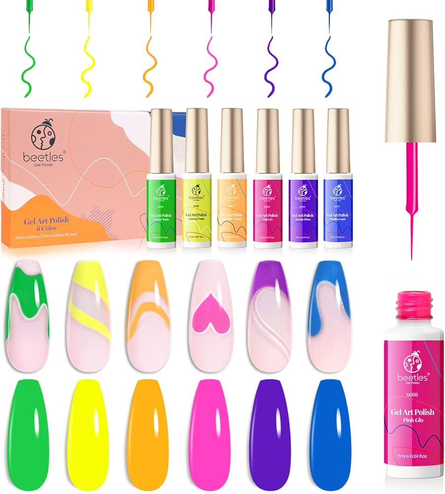 beetles Gel Polish Nail Art Gel Polish Set Liner Set 6 Spring Colors Hot Pink Neon Orange Blue Ye... | Amazon (CA)