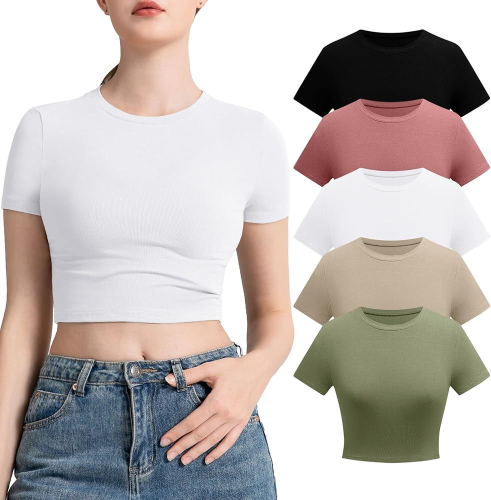 INIBUD Crop Tops for Women 5 Pack Cropped Tshirt Short Sleeve Crew Neck Summer Slim Fitted Tight ... | Amazon (US)