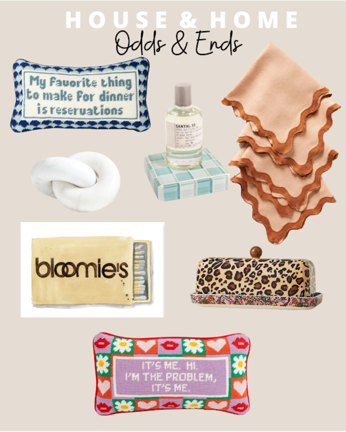 Home odds & ends: reservations crochet kitchen throw pillow, tile pedestal coaster, ceramic knot object, leopard butter dish, taylor swift crochet throw pillow, Bloomingdales matchbox print 

#LTKGiftGuide #LTKhome