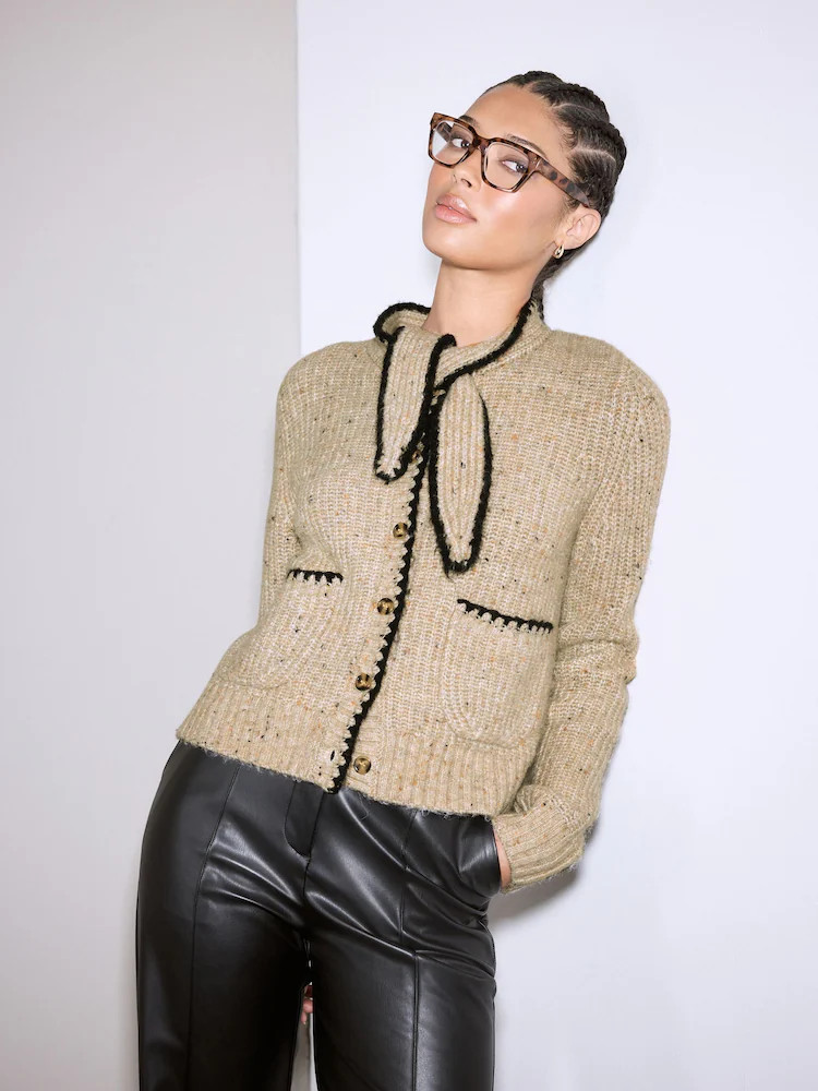 Neutral Neppy Contrast Stitch Tie Neck Scarf Cardigan | Next EU