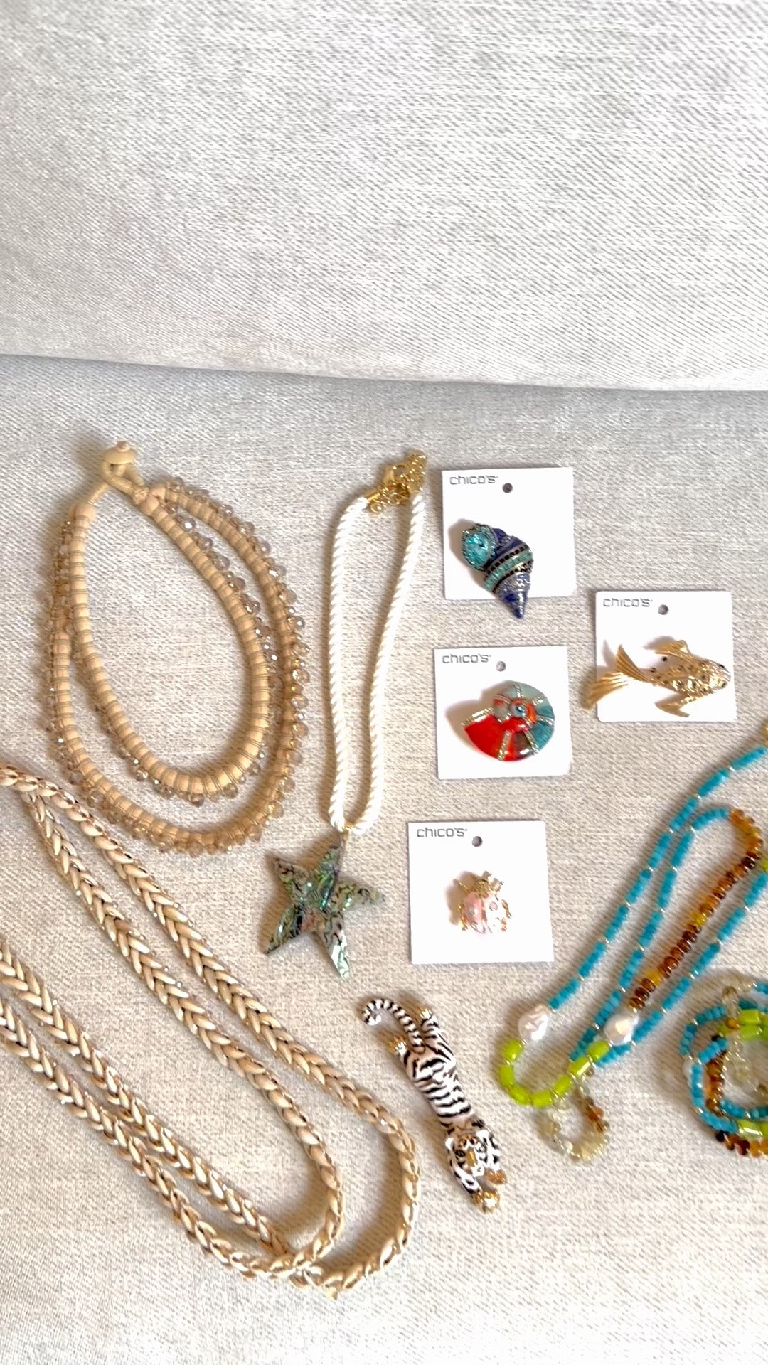 Summer statement jewelry.
Broaches, shell necklaces l, turquoise necklace, beaded bracelet and necklace 
No body does it better than Chico’s and their prices are budget friendly

#LTKOver40 #LTKgrwm #LTKSeasonal