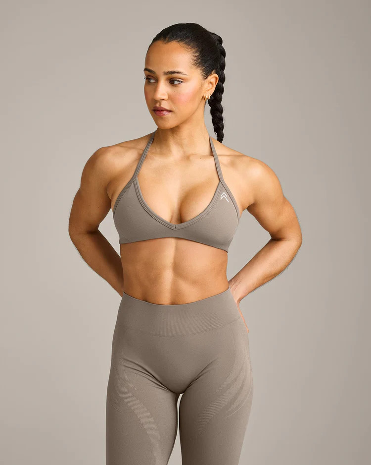 EnhanceLift\u2122 Seamless Minimal Halter Neck Bralette with Gray Logo 
 Warm Minky | Oner Active (UK / US)