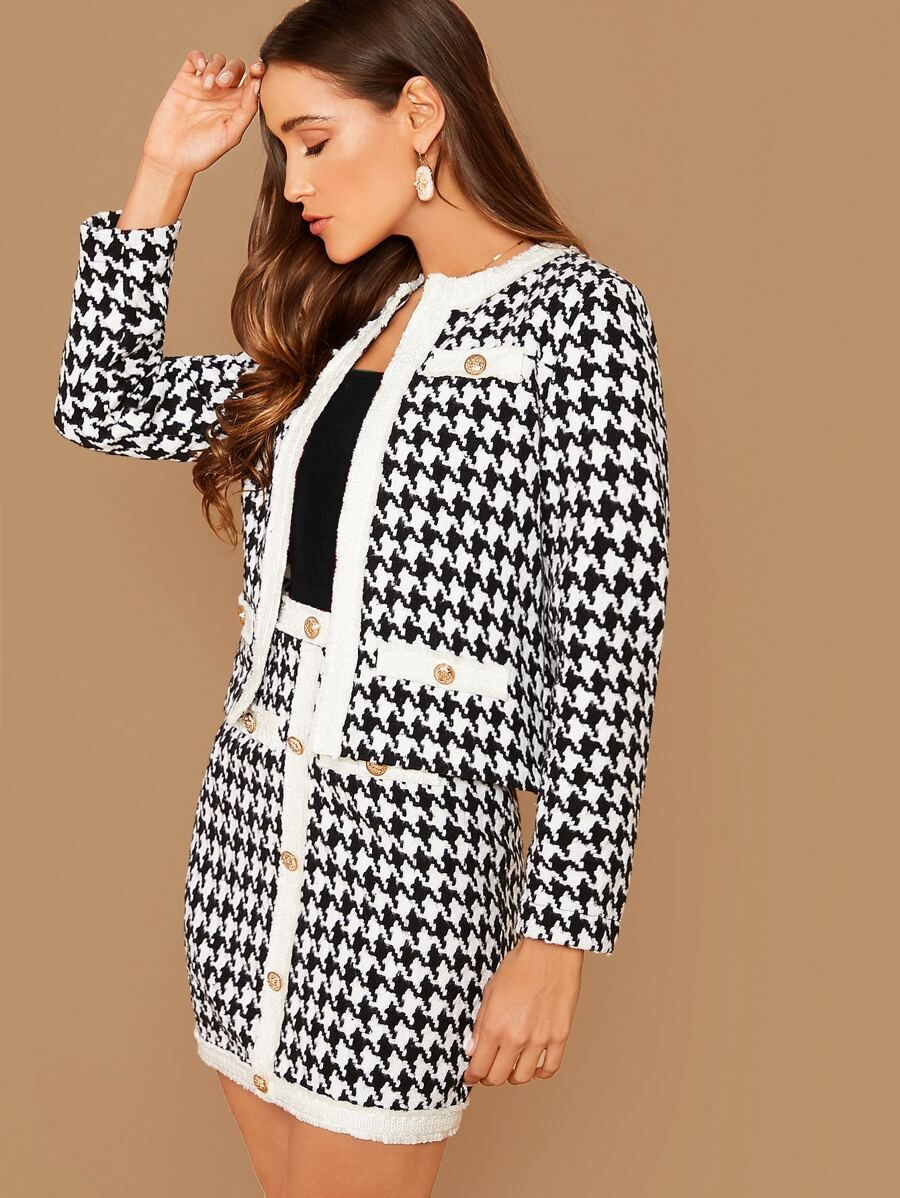 SHEIN Contrast Trim Houndstooth Jacket & Skirt Set | SHEIN