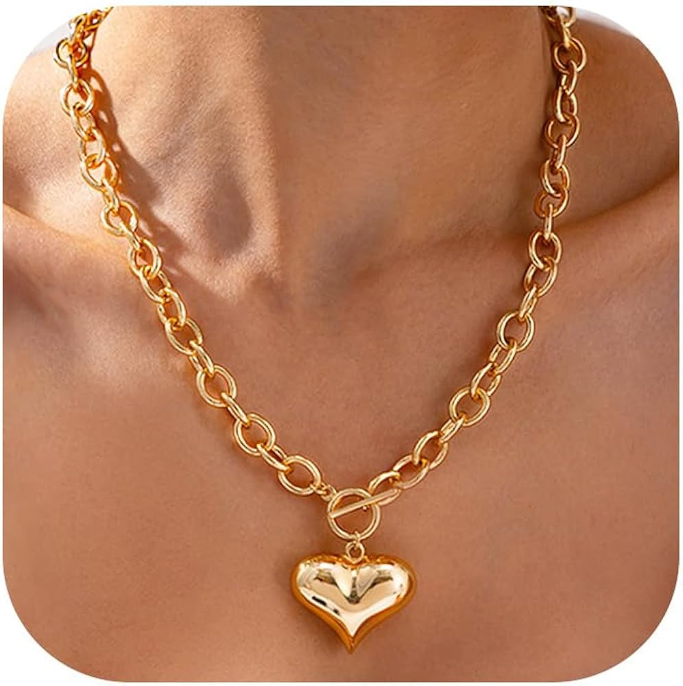 Chunky Gold Heart Necklace for Women，14K Gold Plated Puffy Heart Pendant Bold Chain Necklace wi... | Amazon (US)