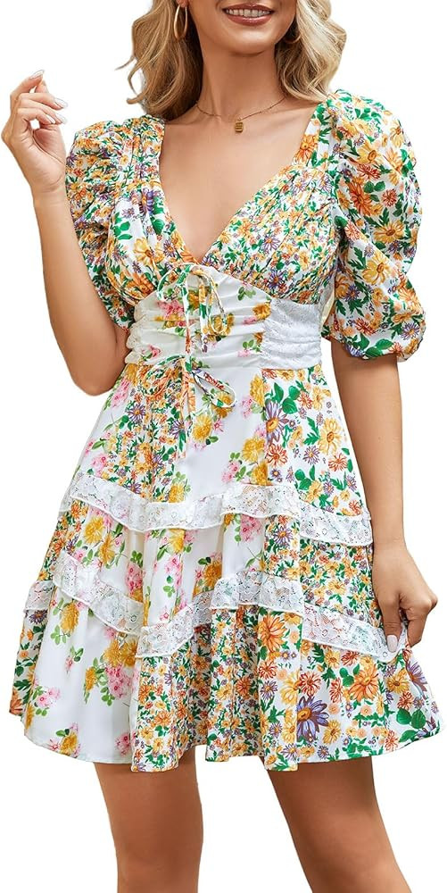hibahaby Women's Mini Dresses Patchwork Spring V Neck 3/4 Puff Sleeve Dress Flowy Sundress | Amazon (US)