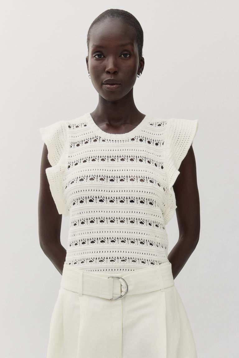 Pointelle-knit Top - Round Neck - Short sleeve - White - Ladies | H&M US | H&M (US + CA)
