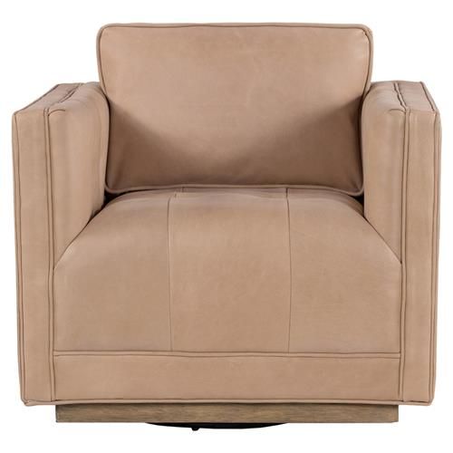 Celeste Rustic Lodge Beige Upholstered Brown Wood Tufted Seat Swivel Arm Chair | Kathy Kuo Home