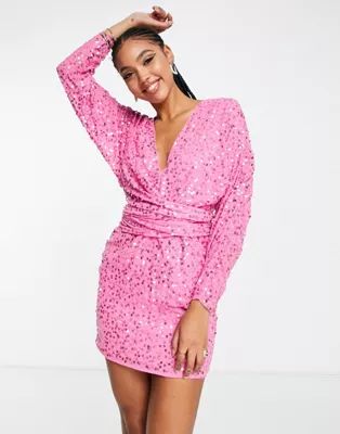 ASOS DESIGN mini dress with batwing sleeve and wrap waist in scatter sequin in pink | ASOS (Global)
