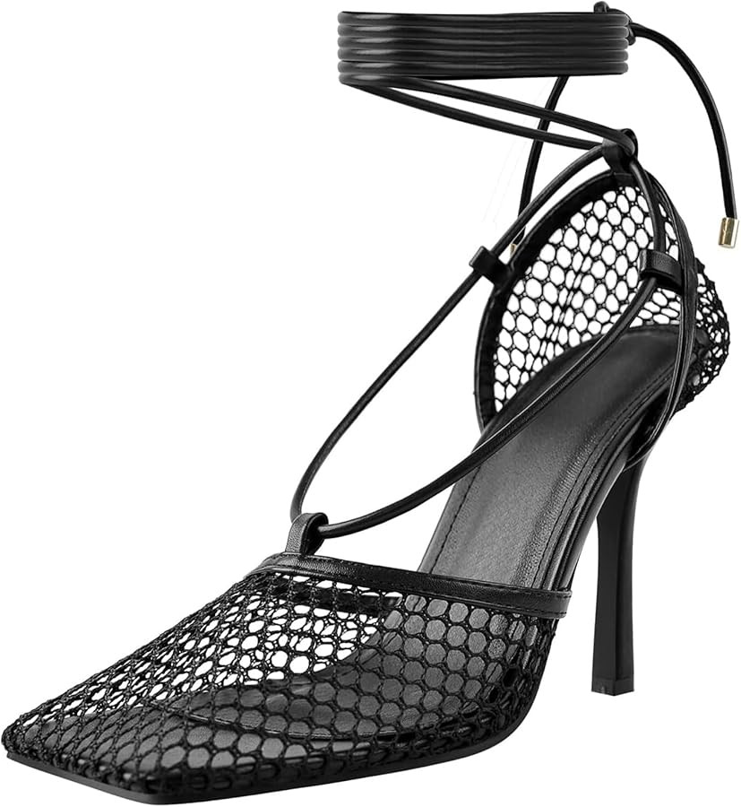 Olomisa Mesh Heels for Women - Wrap-up Heels with Square Toe & Strappy Fishnet Design | Amazon (US)