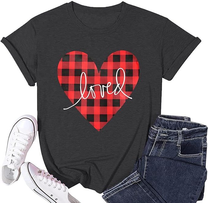 Valentine's Day T Shirts for Women Cute Heart Print Graphic Tees Casual Short Sleeve Top | Amazon (US)