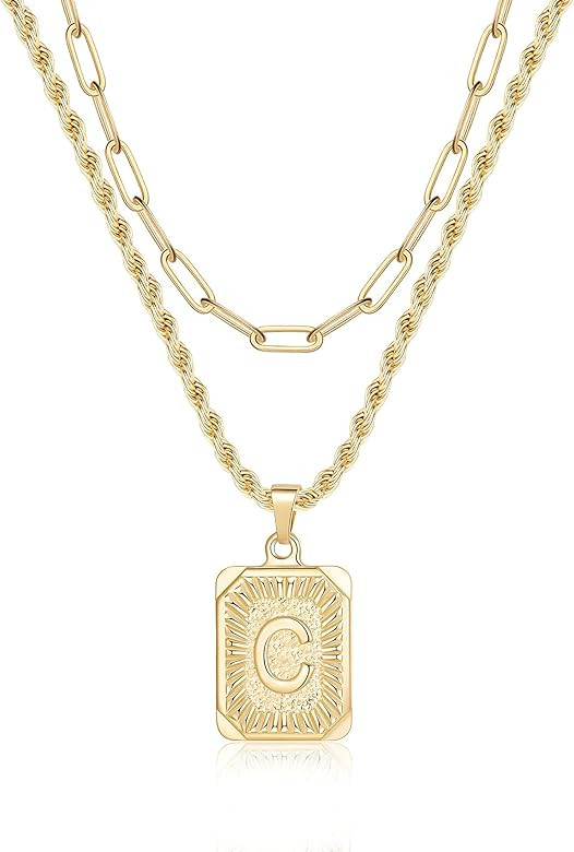 Gold Layered Initial Necklaces for Women, 14K Gold Plated Initial Pendant Necklaces Paperclip Link R | Amazon (US)