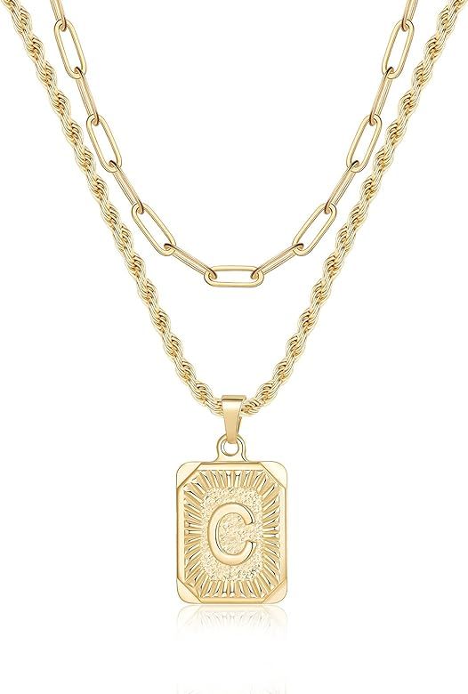 Gold Layered Initial Necklaces for Women, 14K Gold Plated Initial Pendant Necklaces Paperclip Link R | Amazon (US)