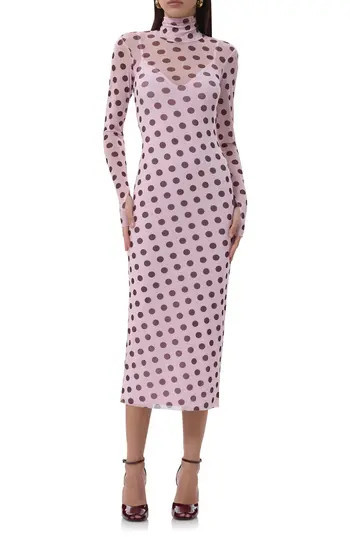 AFRM Shailene Turtleneck Long Sleeve Mesh Midi Dress in Rose Dot at Nordstrom Rack, Size Large | Nordstrom Rack