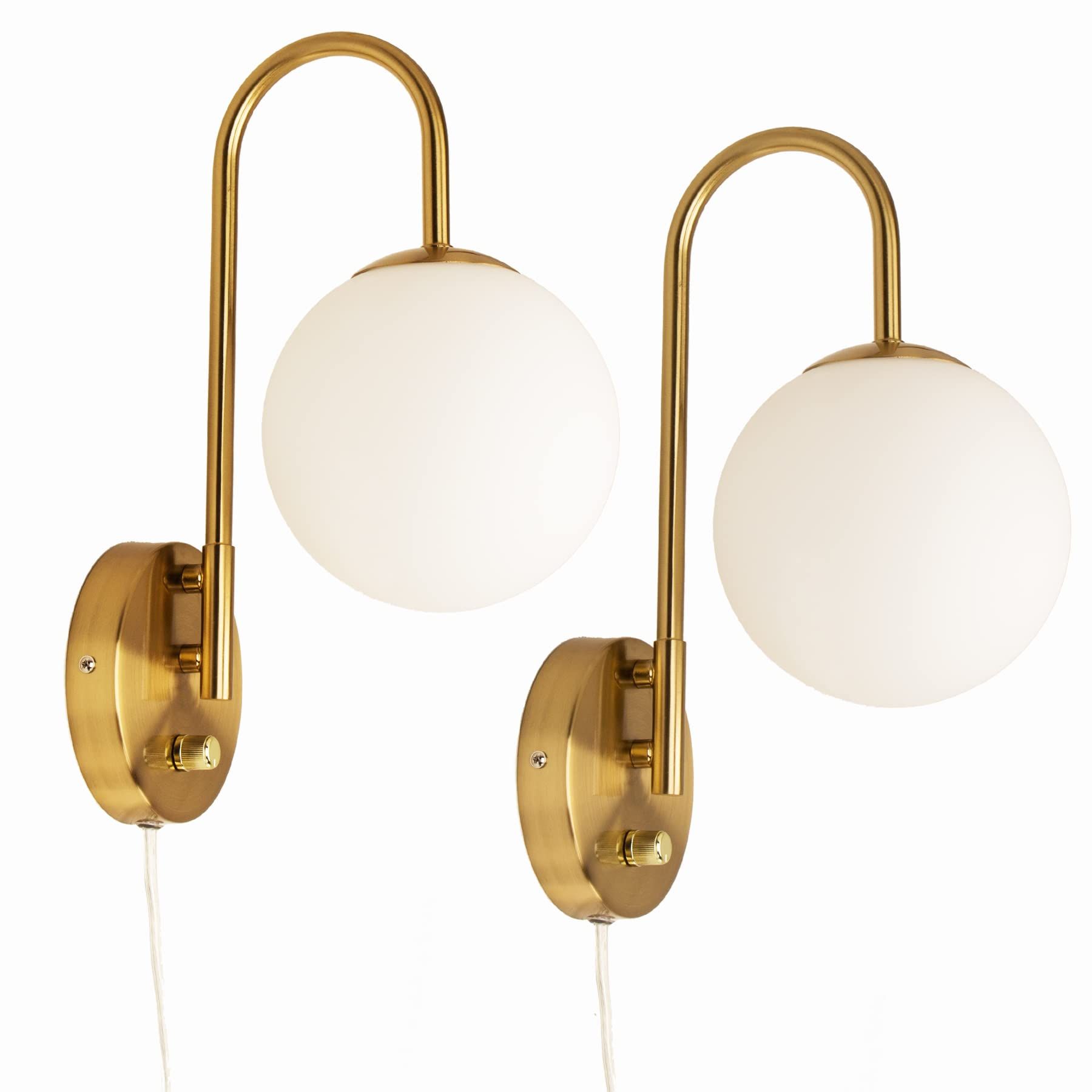 Wall Sconces Set of Two, Plug in Cord and Dimmable Knob Switch, Brushed Brass, Spherical Milky Wh... | Amazon (US)