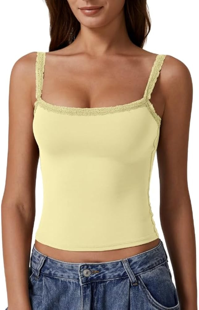 QINSEN Womens Square Neck Lace Trim Tank Top Double Lined Slim Fitted Y2k Going Out Camisole Shir... | Amazon (US)