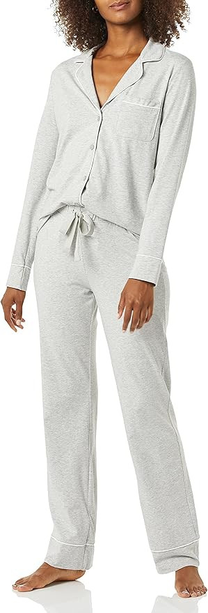 Amazon Essentials womens Cotton Modal Long-Sleeve Shirt and Full-Length Bottom Pajama Set | Amazon (US)