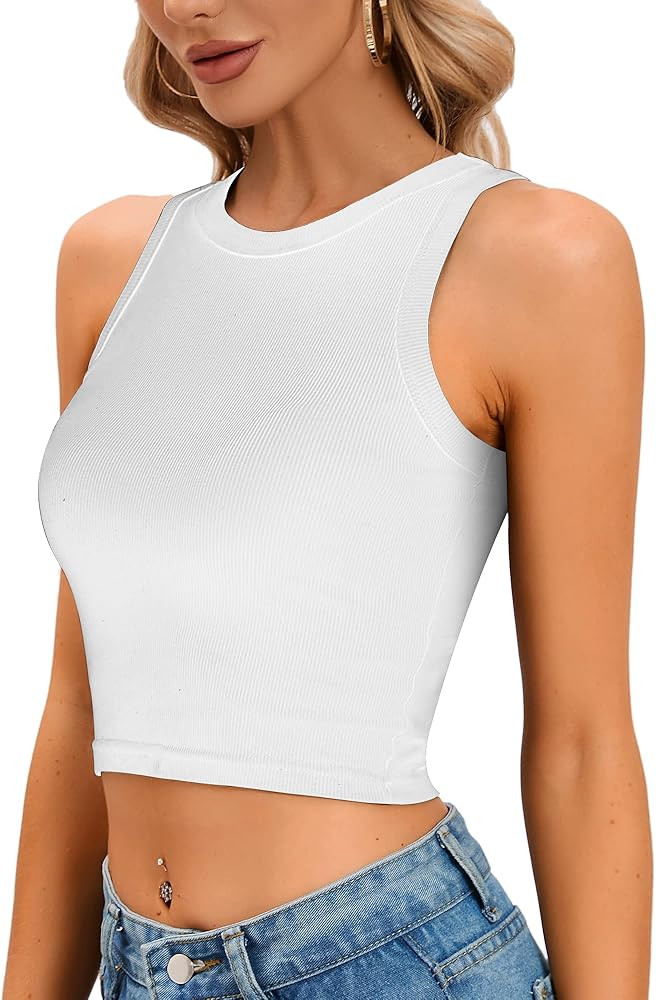 CLOZOZ Womens Tank Tops Round Neck Ribbed Sleeveless Crop Tops for Women High Neck Basic Crop Tan... | Amazon (US)