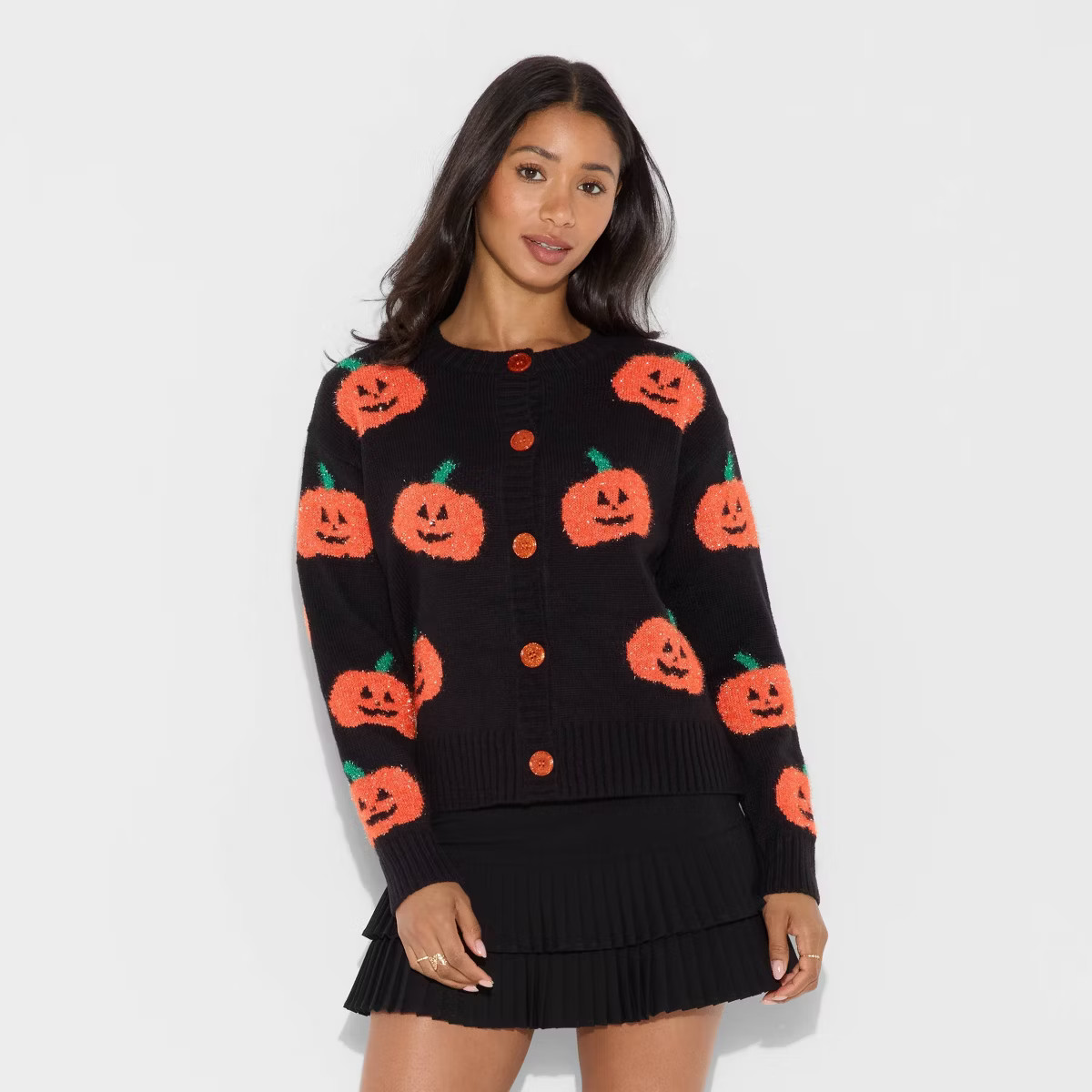 Women's Pumpkin Graphic Cardigan - Black | Target
