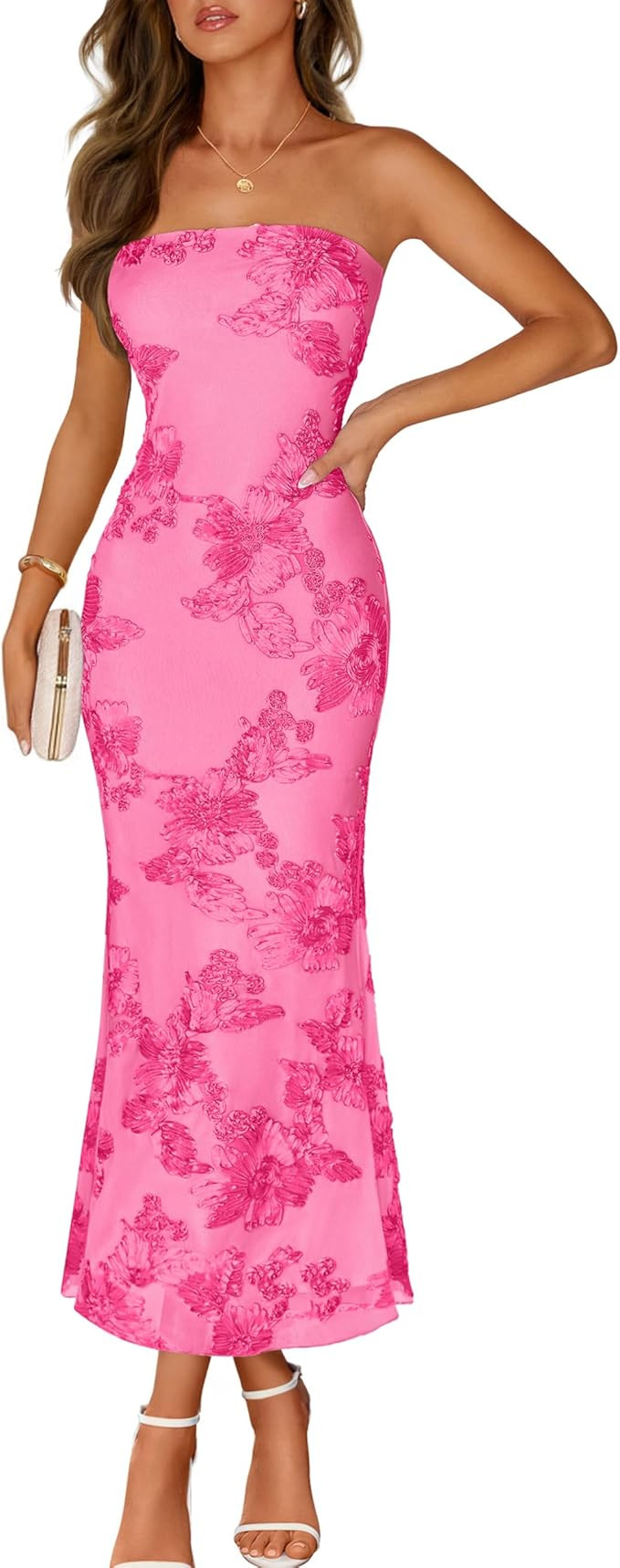 MEROKEETY Women's Floral Strapless Maxi Dress 2026 Summer Mesh Tube Bodycon Formal Wedding Guest ... | Amazon (US)