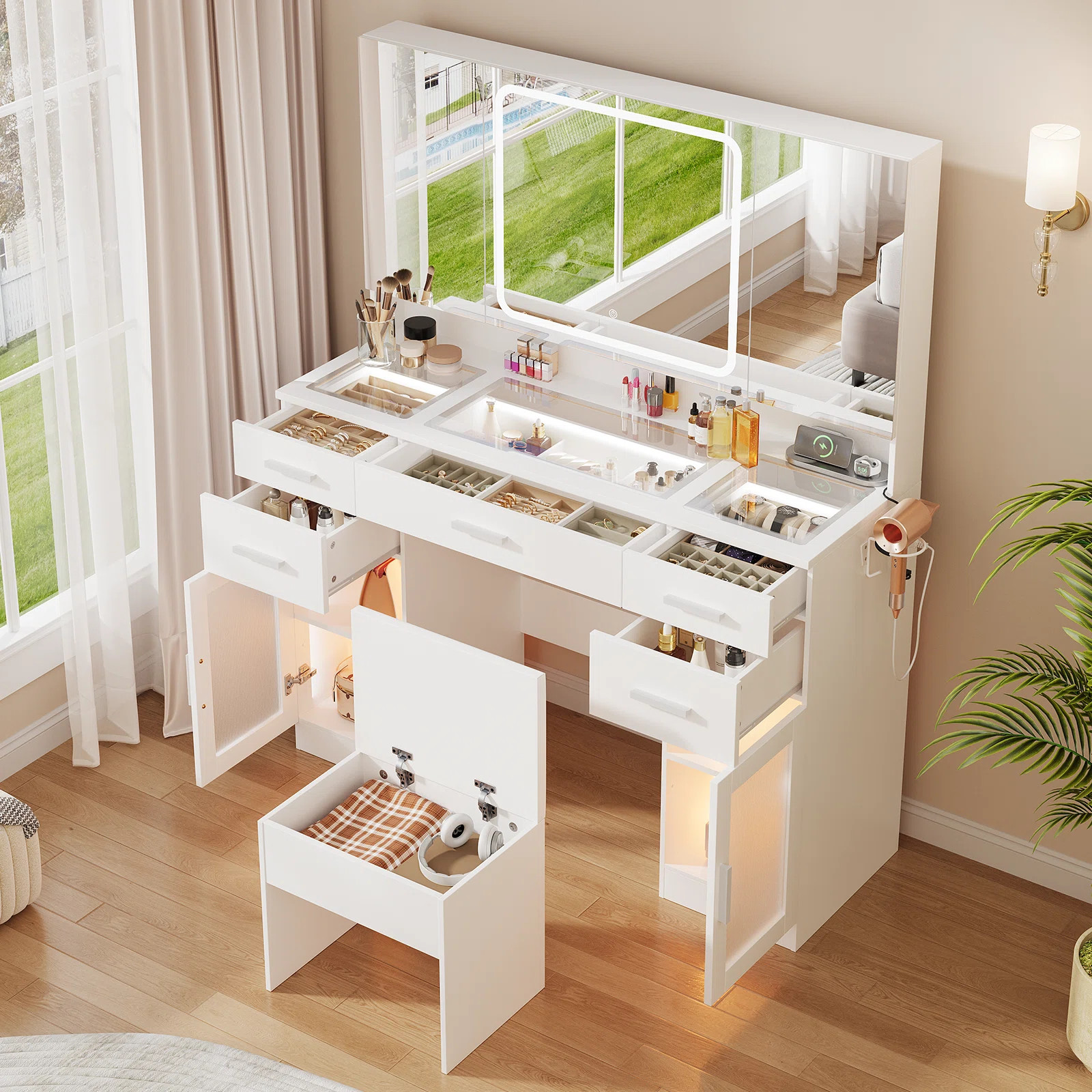 Makeup Vanity Desk With Led Mirror & Power Outlets, Glass Top & 5 Drawers, Dressing Table With 2 ... | Wayfair North America