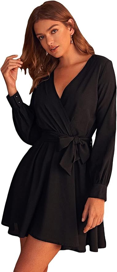 WDIRARA Women's Long Sleeve Deep V Neck Wrap Belted Flared A Line Mini Dress | Amazon (US)