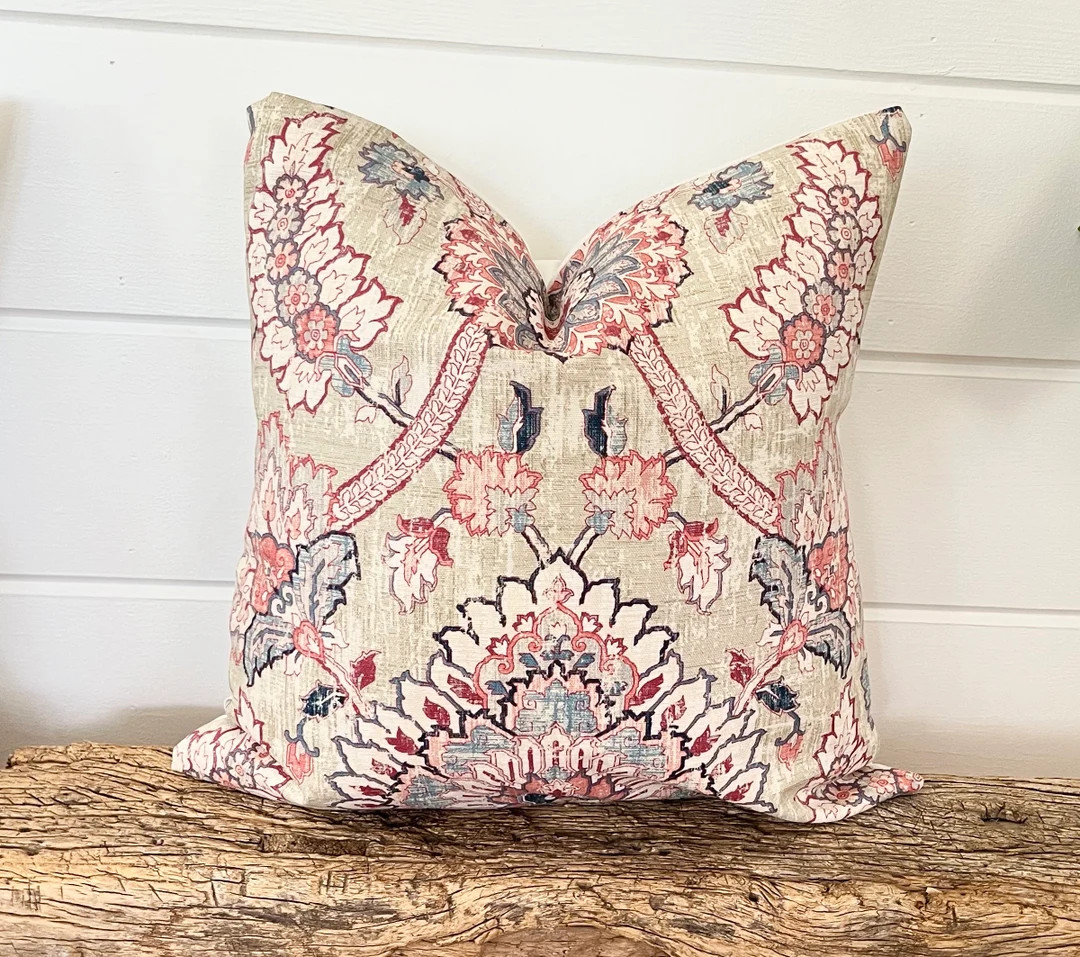 Waverly Pillow Cover, Light Pink and Beige Pillow, Light Pink Floral Decorative Throw Pillow, Bei... | Etsy (US)
