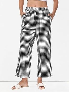 2026 Women Striped Gingham Palazzo Cropped Pants Lounge Boxer Pajama Pants Wide Leg PJ Bottoms Tr... | Amazon (US)