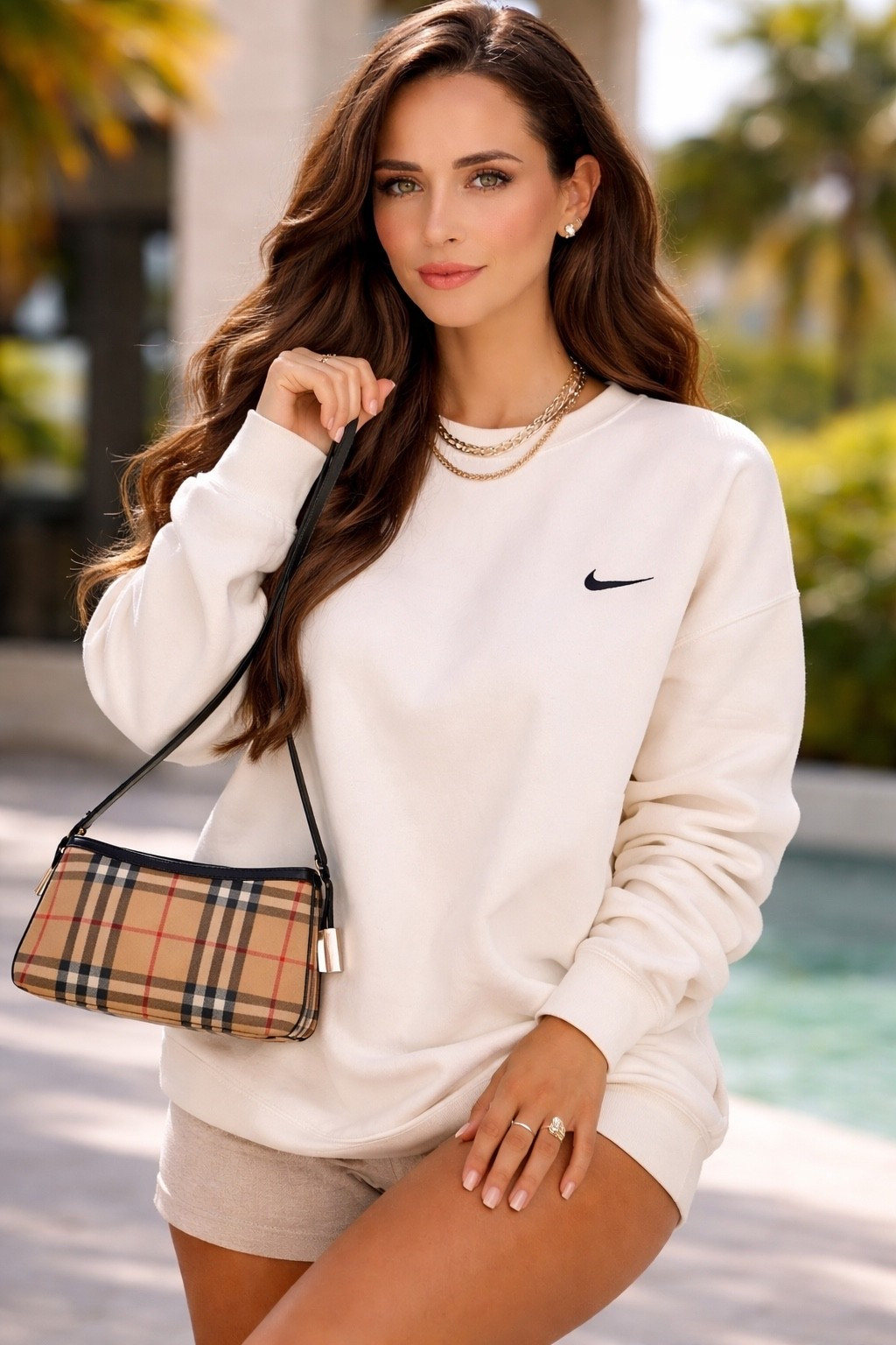 “Effortless rich girl casual 🤍✨ This oversized Nike crew + neutral shorts combo is the IT look for spring. Comfy, chic, and giving luxury off-duty vibes. Paired with a classic check bag to elevate the whole fit 🔥 #LTKStyle #SpringLooks #NeutralAesthetic”