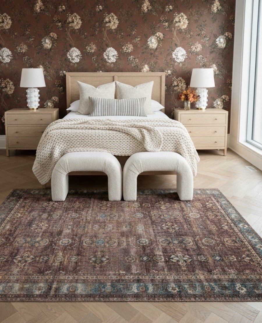 Rich warmth meets modern comfort.
The moody floral wallpaper sets the tone, grounding the space with timeless charm, while creamy boucle textured bench stools and a soft oak bed paired with oak nightstands add balance and light. A vintage-inspired rug ties it all together, layering history and softness underfoot.

This bedroom with a cream knitted blanket feels collected, calm, and full of quiet luxury. The perfect fall reset. 



#LTKSaleAlert #LTKHome