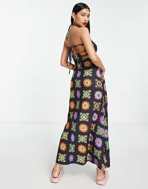 ASOS DESIGN strappy halter maxi dress in black crochet print | ASOS (Global)